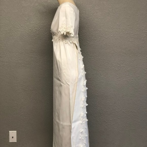 Vintage 60s Linen Blend Tailored Wedding Dress, Heavy Floral Embroidery Trim - Picture 3 of 7